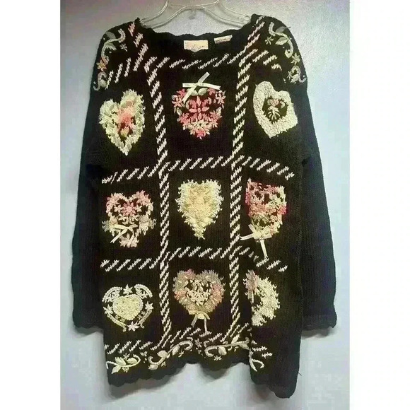 VTG 90s Kathie Lee Black Sweater Heart Embroidered Hand Knit cottagecore Small - Picture 1 of 9